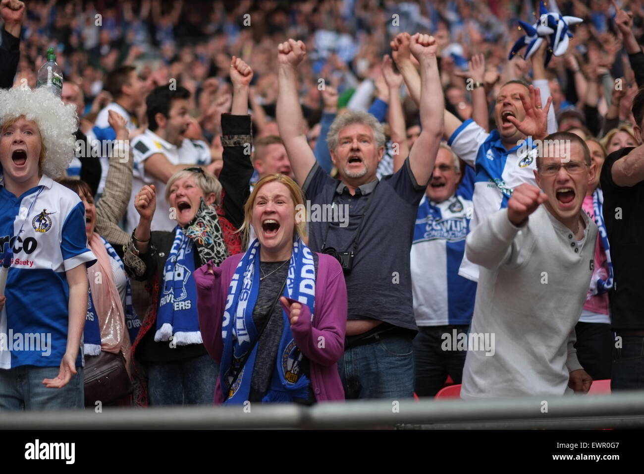 Brisol Rovers fans cheer victory in the Vanarama Conference play off final vs Grimsby Town at Wembley Stadium Stock Photo