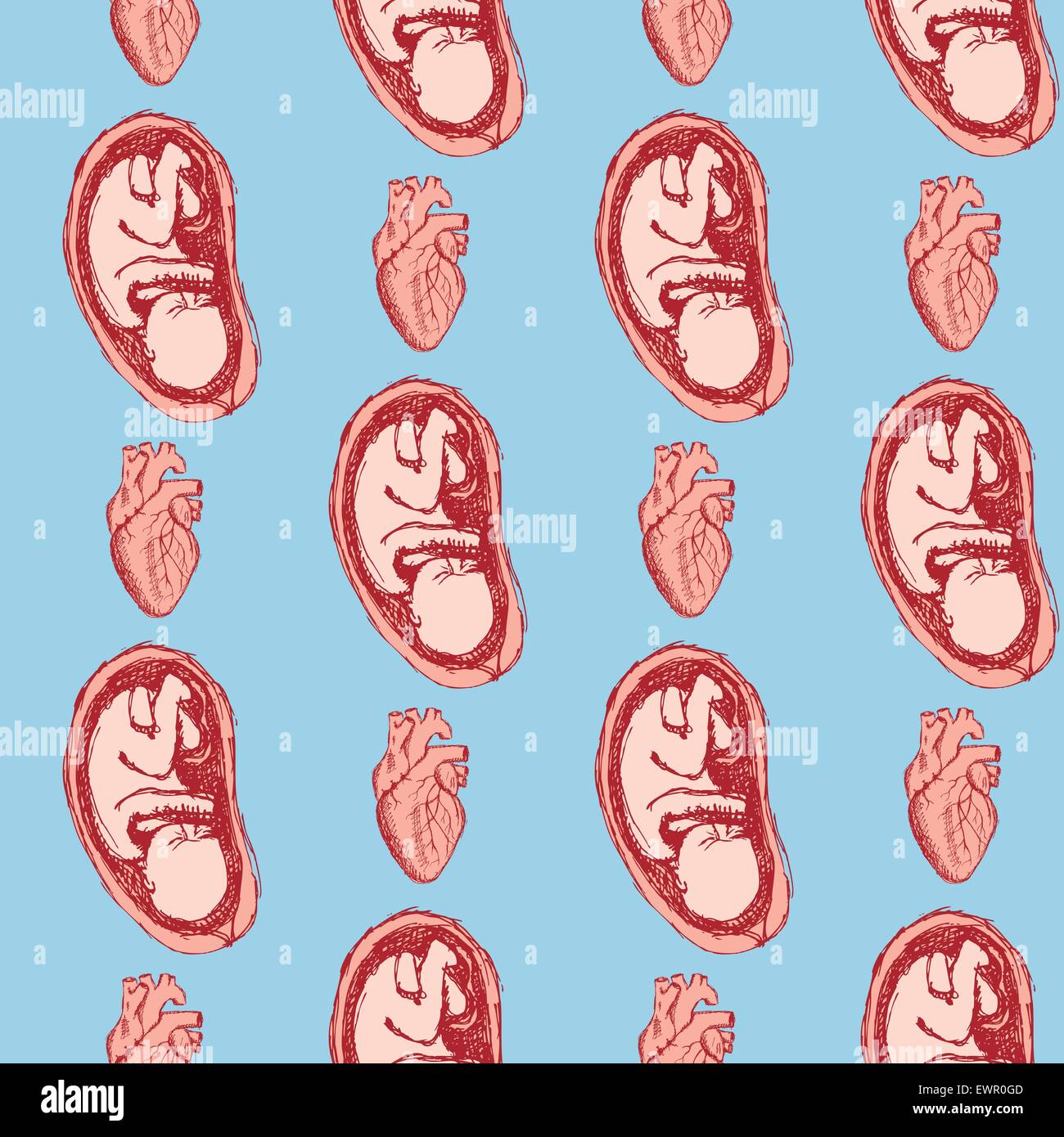 Sketch baby and heart in vintage style, vector seamless pattern Stock Vector