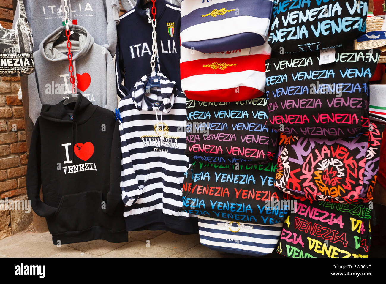 A detail of colored bags on a street shop in Venice, Italy Stock Photo