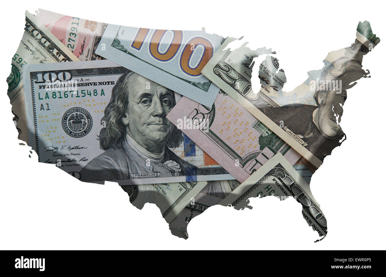 Dollars over U.S contour map Stock Photo