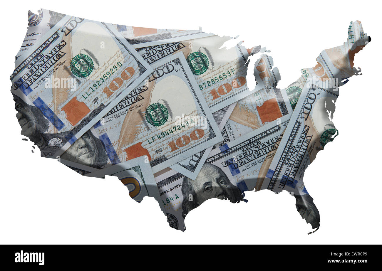 Dollars over U.S contour map Stock Photo