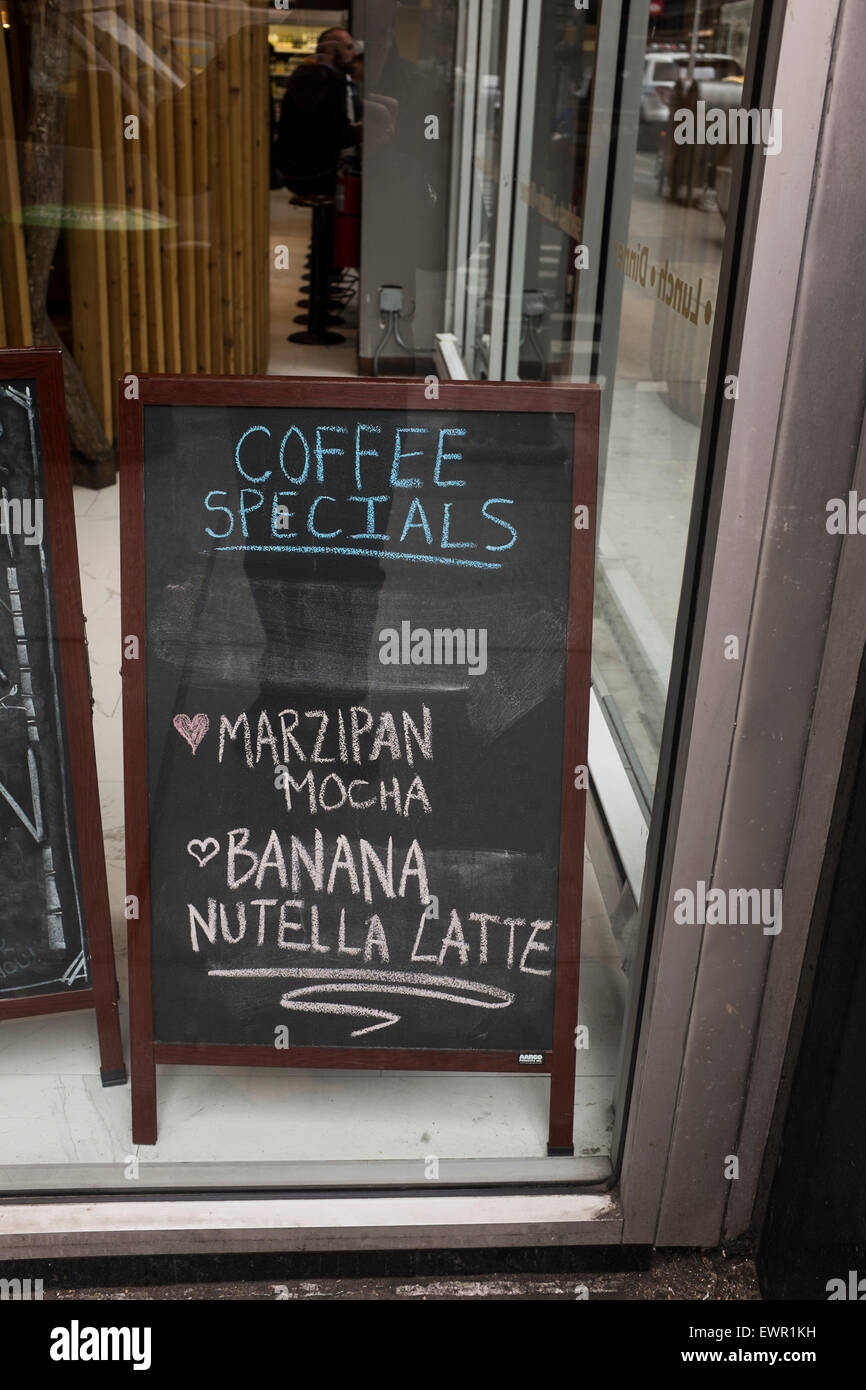 Strange and unusual selections of coffee specials at store on 3rd Avenue in New York Stock Photo