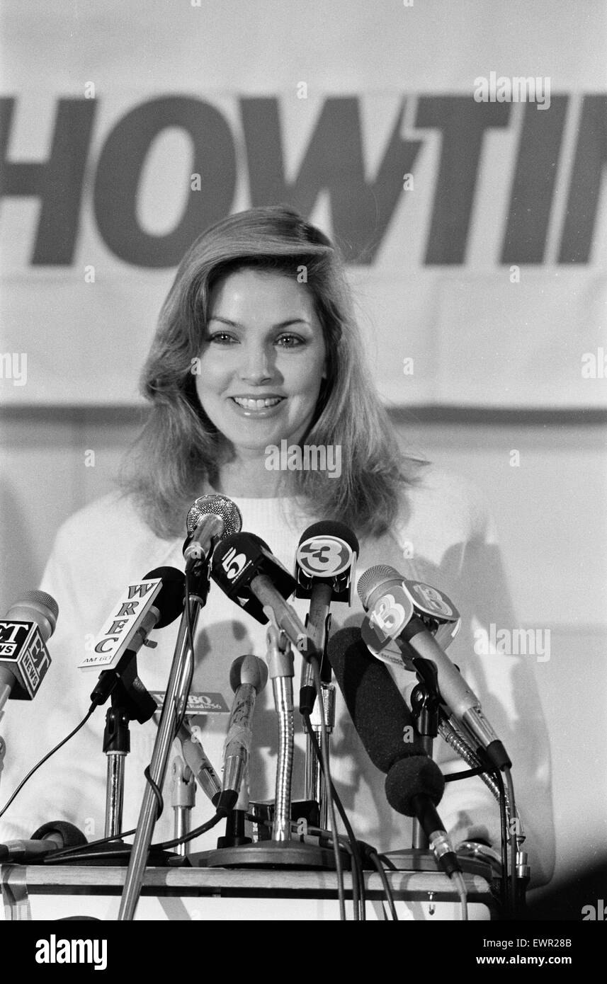 Priscilla Presley, Chairwoman of Elvis Presley Enterprises, pictured at news press conference to promote Elvis Presley Showtime TV Special, Memphis, Tennessee, USA, 4th January 1985. Stock Photo