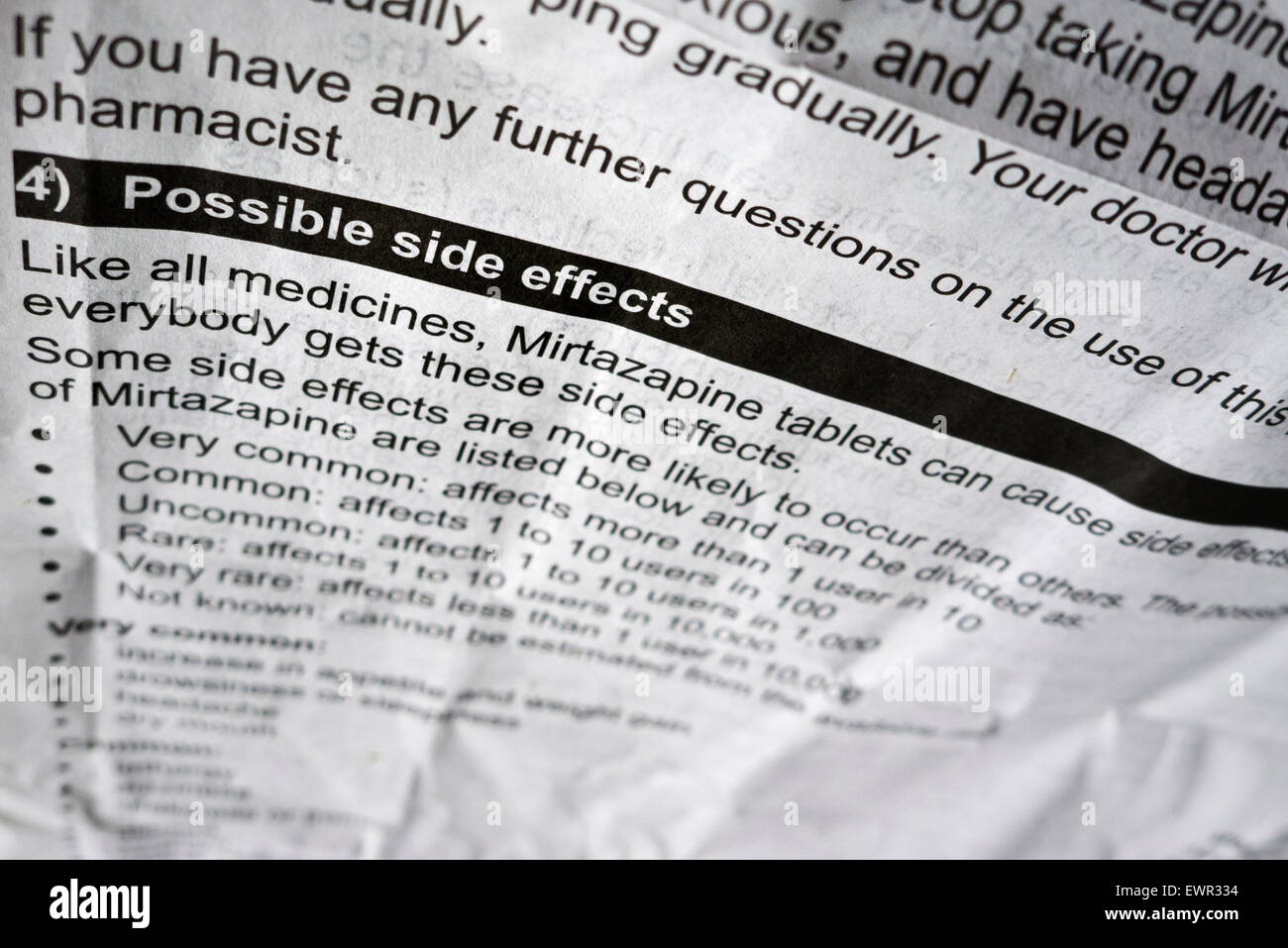 Information leaflet about prescription medicine side-effects. Stock Photo