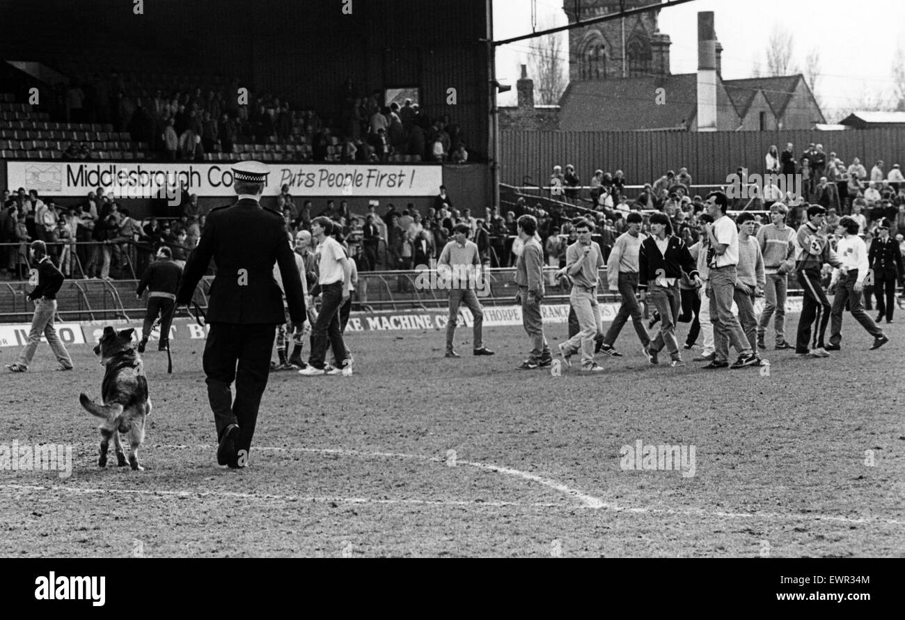Fans invade the pitch at Ayresome Park. 28th April 1986. Stock Photo