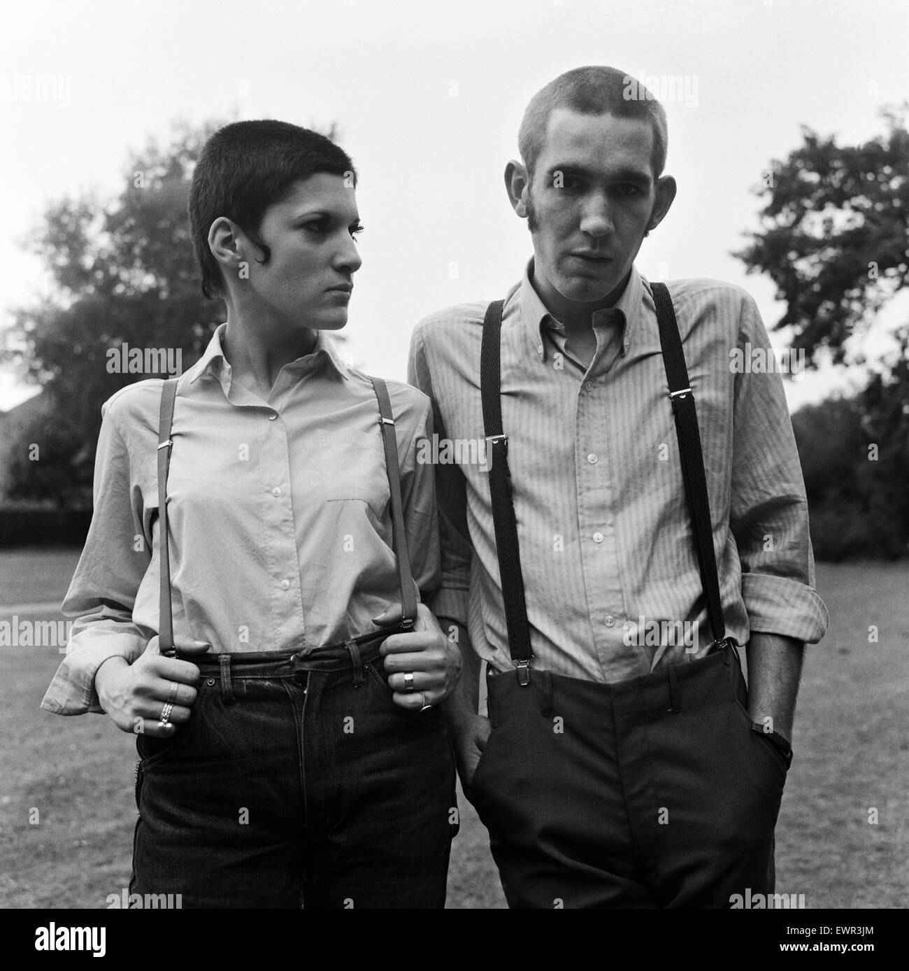 Two young people wearing skinhead fashions. Glenda Peake and Tony Hughes. Finchley, 7th October 1969. Stock Photo