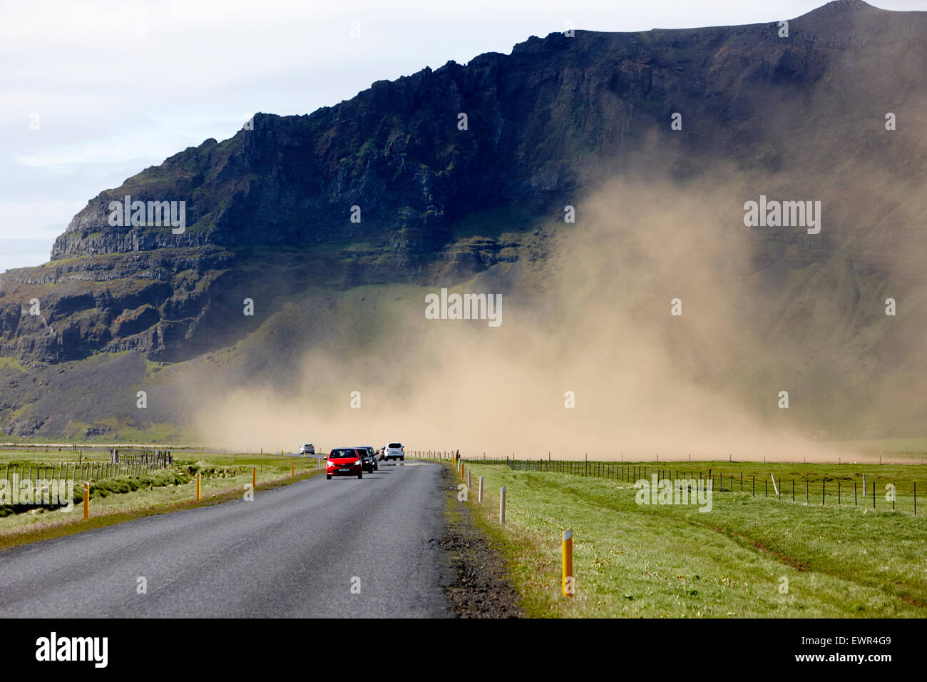 dust storm blown up from freshly ploughed field in causing soil erosion Iceland Stock Photo