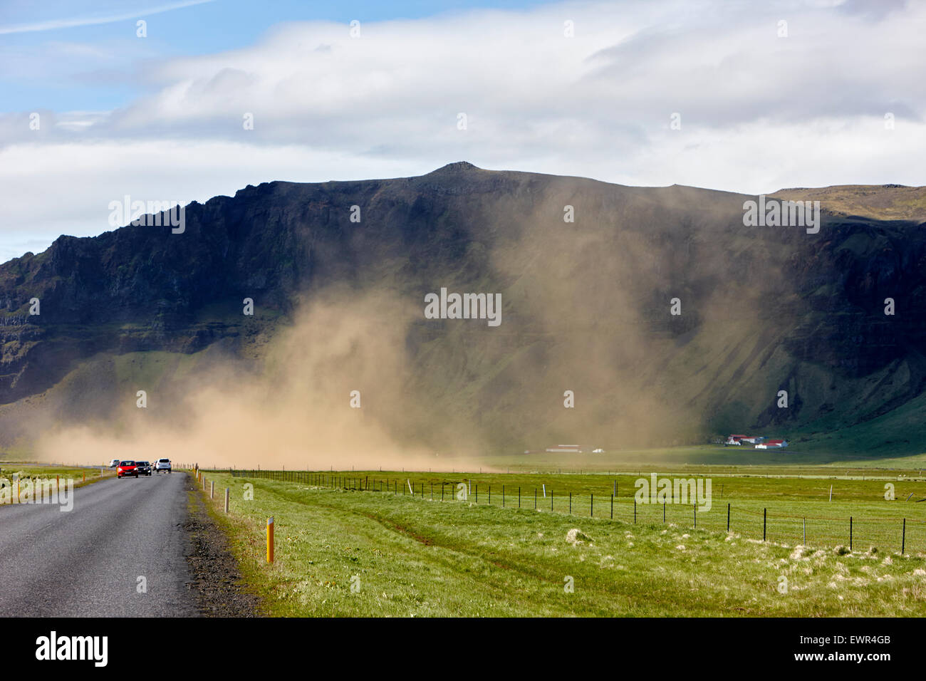 dust storm blown up from freshly ploughed field in causing soil erosion Iceland Stock Photo