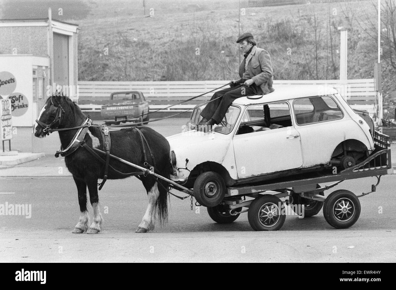 A rag and bone man at the reins of his horse and cart brings back the remains of a mini found on the  streets of a un-named northern town February 1982 Stock Photo