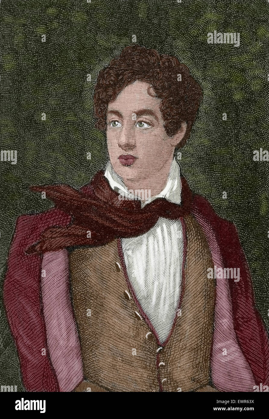 Lord Byron (1788-1824). English poet. Romantic movement. Engraving. Colored. Stock Photo