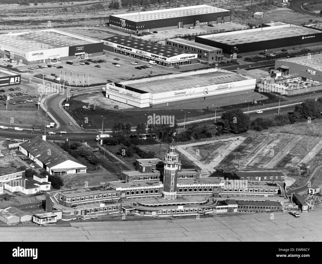 Old Aerial Photos Free Aerial Views Of Liverpool, Merseyside, 6Th October 1987. Old Air Terminal &  Free Enterprise Zone Stock Photo - Alamy