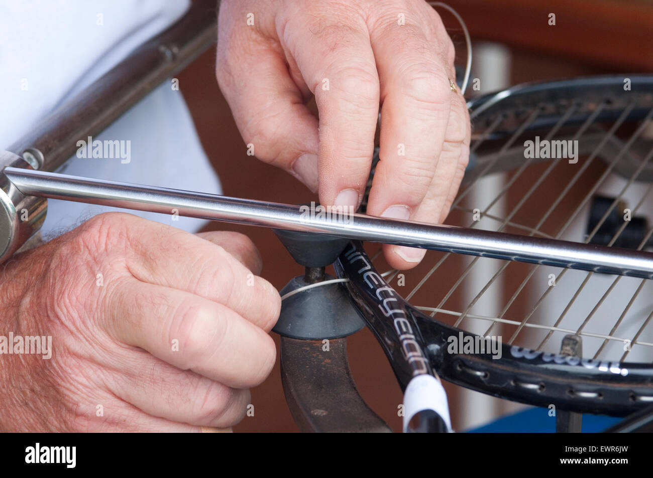 Tennis Racket in Stringing Machine Being Repaired Stock Photo Alamy