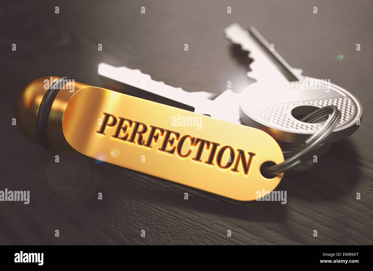 Perfection Concept. Keys with Golden Keyring on Black Wooden Table. Closeup View, Selective Focus, 3D Render. Toned Image. Stock Photo