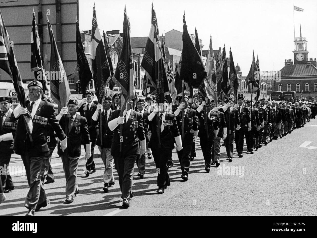 Past and present servicemen marched through Stockton to mark the 42nd anniversary of the end of war in Europe.  The annual VE Day commemorative parade, organised by the Combined Services' Association, was attended by more than 400 people from all over Cle Stock Photo
