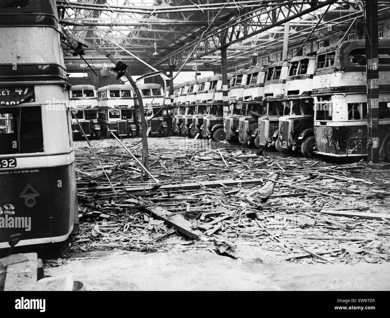 Birmingham Blitz during the Second World War. Highgate Road bus garage ...