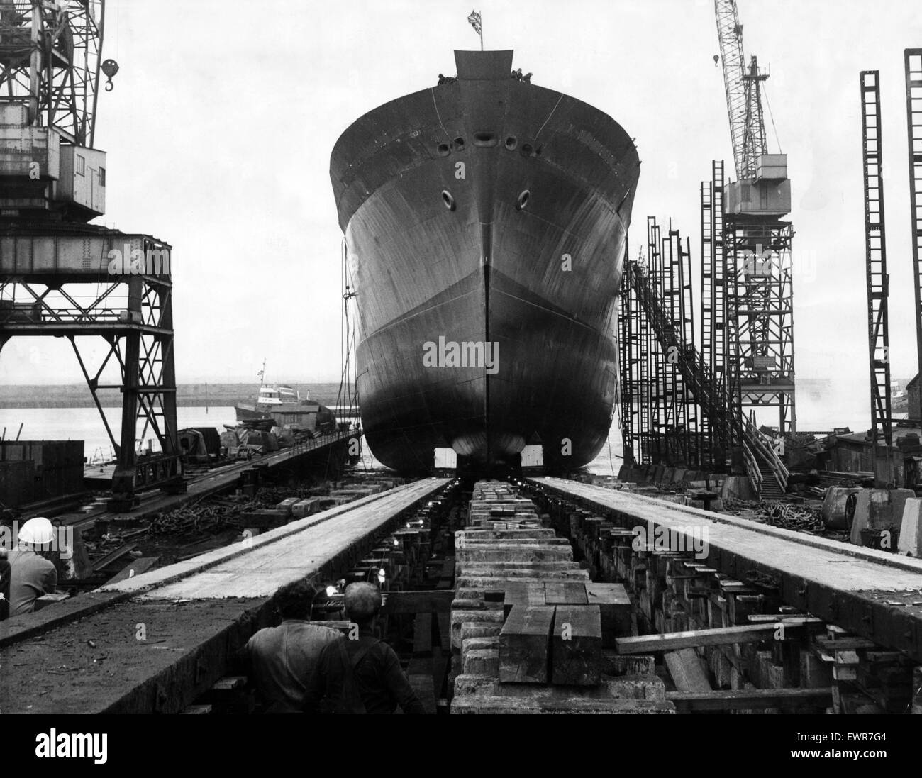 Launching of the 12000 ton container ship Manchester Courage moves down the slipway at  Smiths Dock, South Bank on the River Tees. The ship is the second of three on order by Manchester Liners. 23rd September 1968. Stock Photo