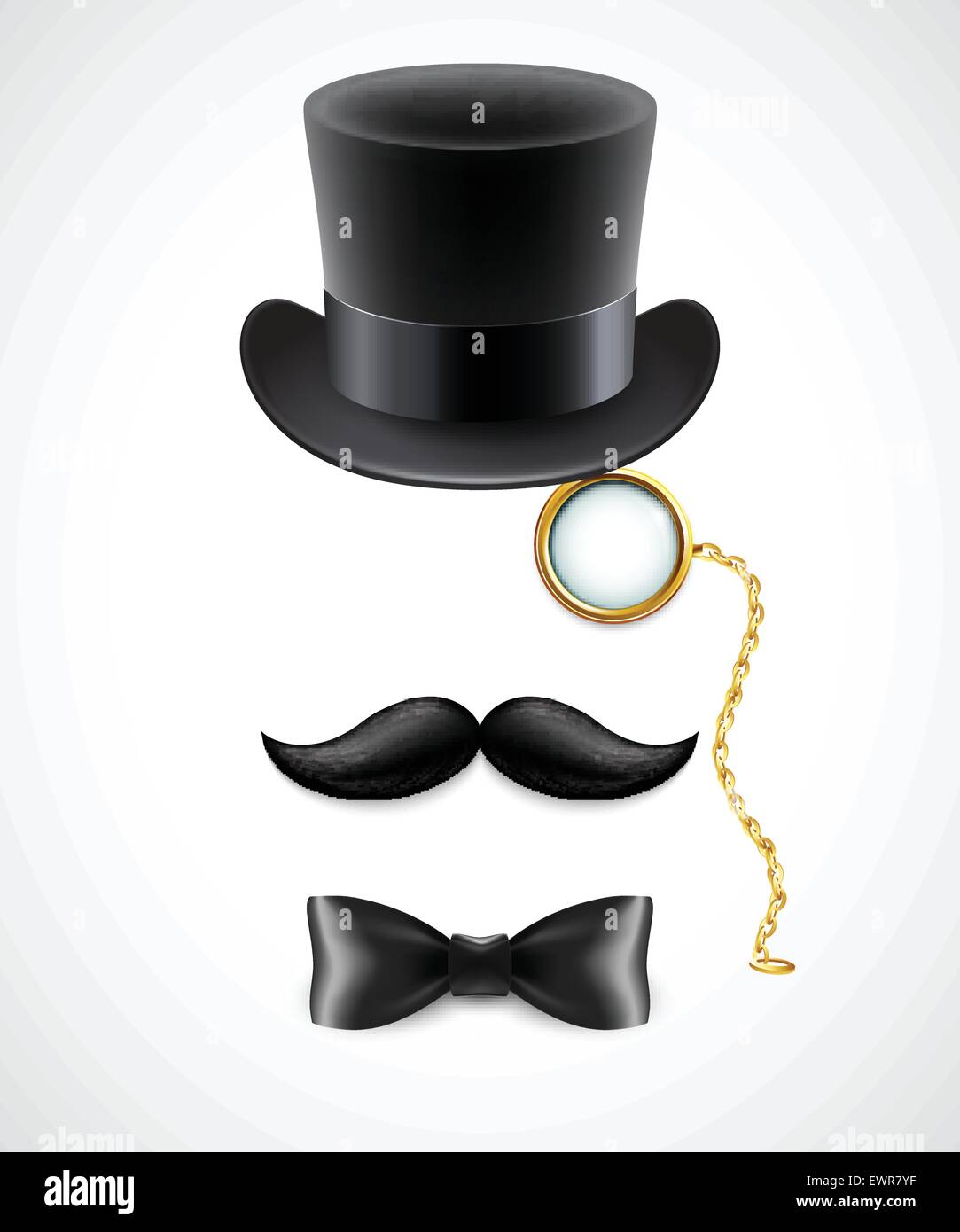 Vintage silhouette of top hat, mustaches, monocle and a bow tie. Vector illustration. Stock Vector