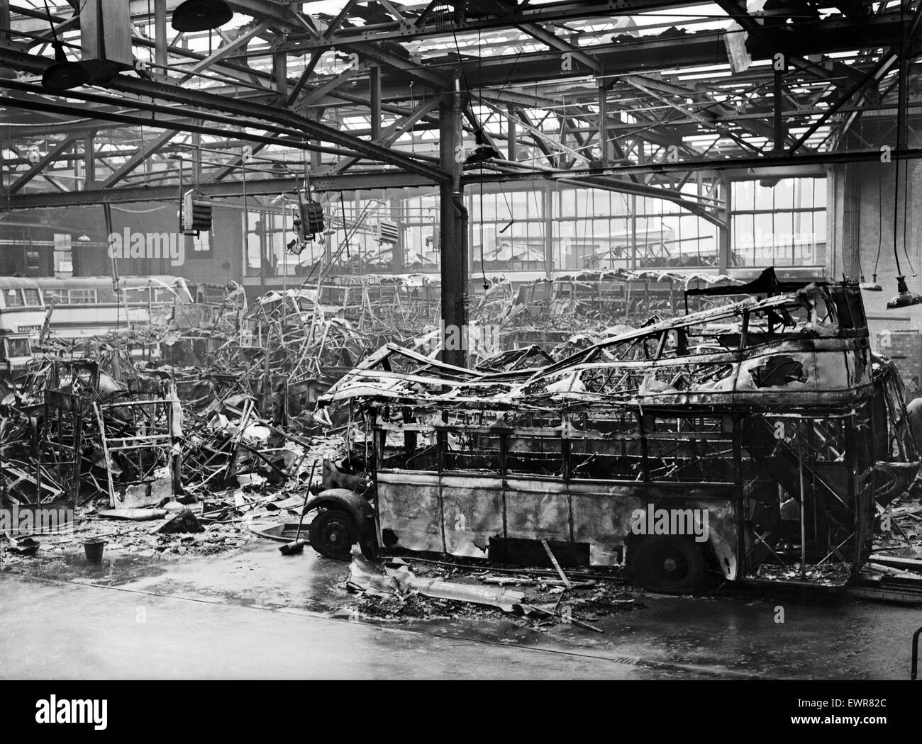 Birmingham Blitz  during the Second World War. Damage to Hockley bus depot following an air raid. 23rd November 1940. Stock Photo