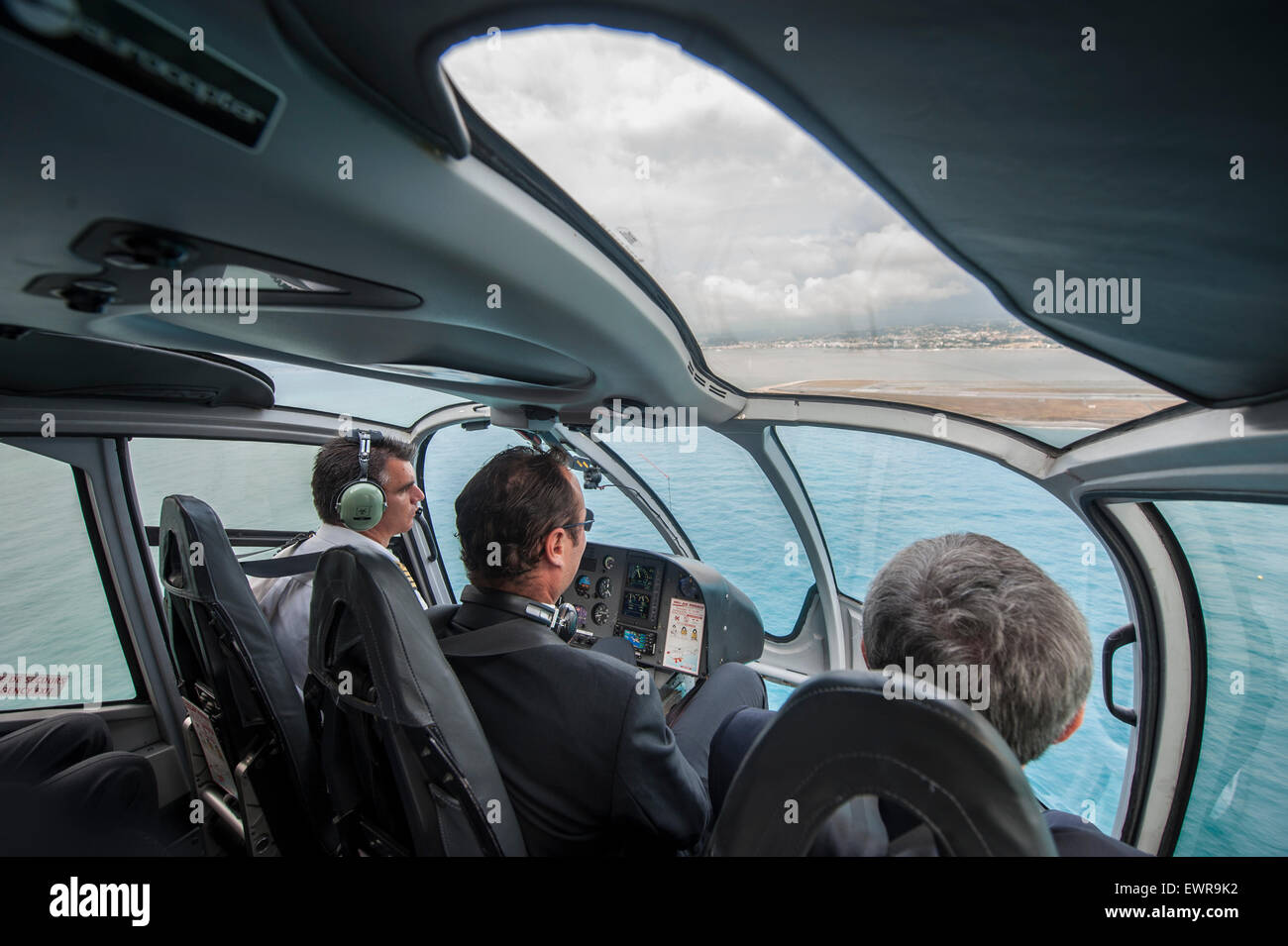 Helicopters and helicopter flight at a heliport in Monaco Stock Photo