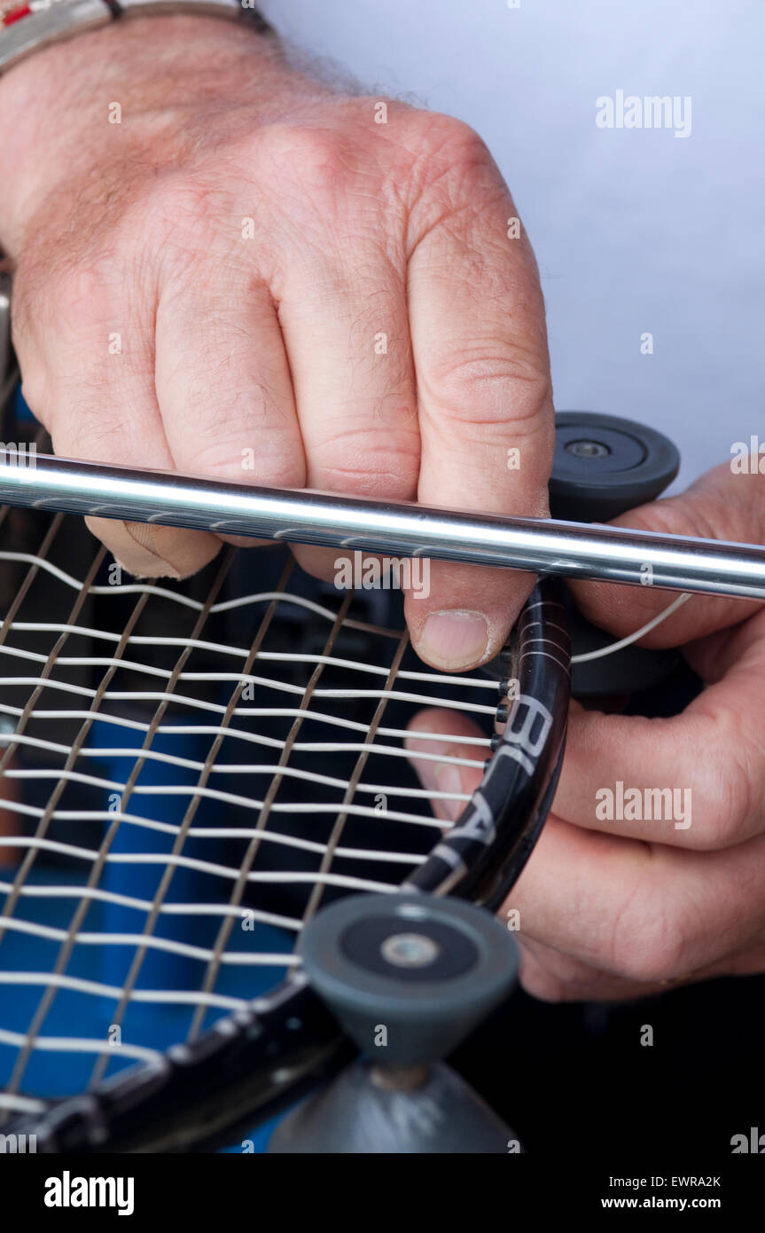 Tennis Racket in Stringing Machine Being Repaired Stock Photo Alamy
