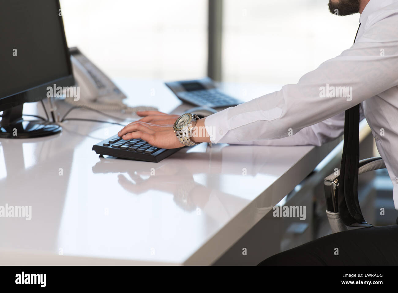 Man's Hands Touching Computer Mouse And Keys Stock Photo - Alamy