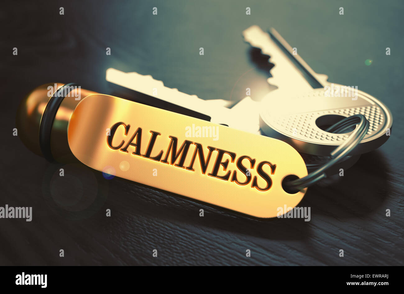 Calmness Concept. Keys with Golden Keyring on Black Wooden Table. Closeup View, Selective Focus, 3D Render. Toned Image. Stock Photo