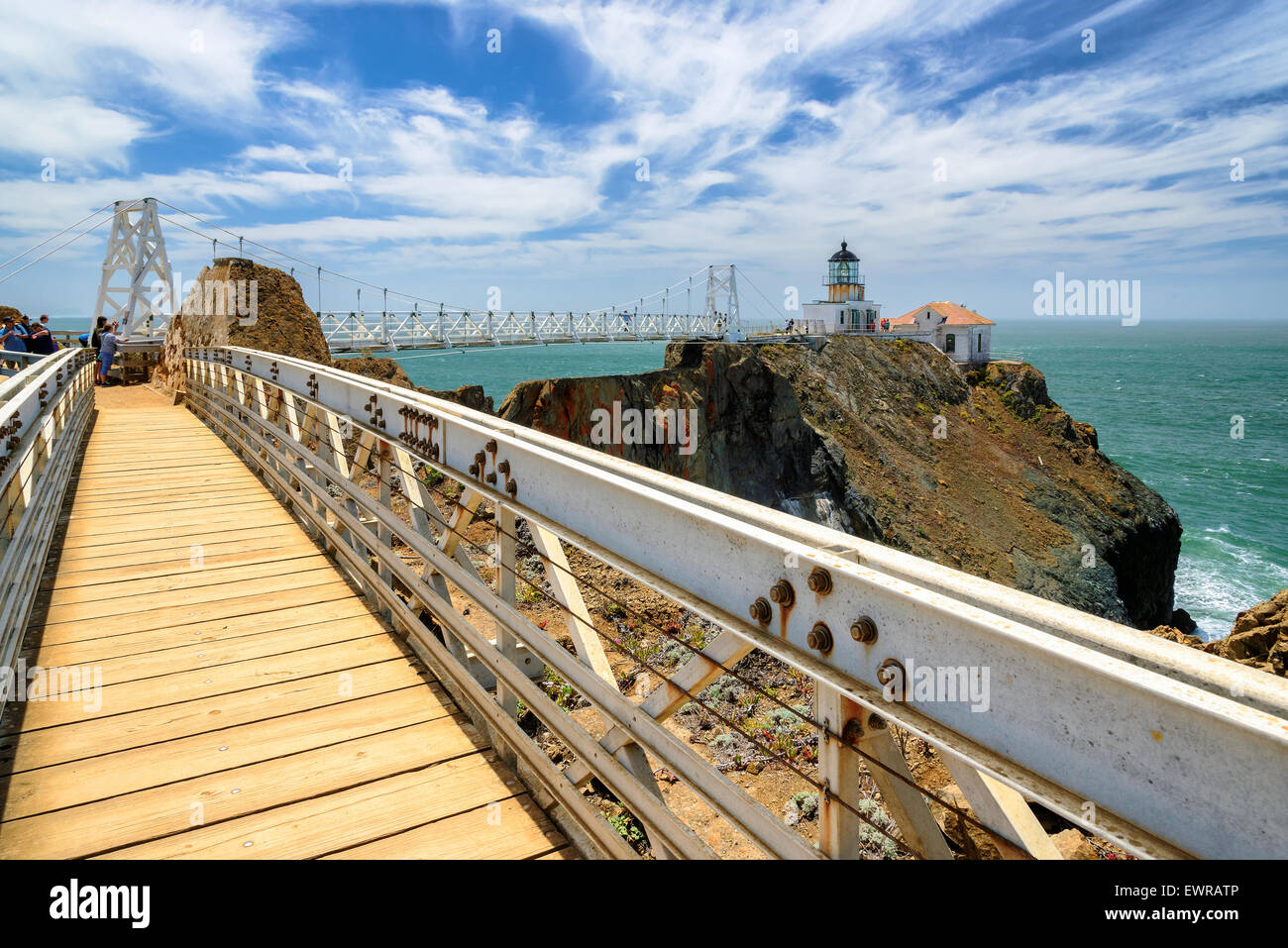 The bridge to Point Bonita Lighthouse under beautiful sky, San Francisco, California Stock Photo