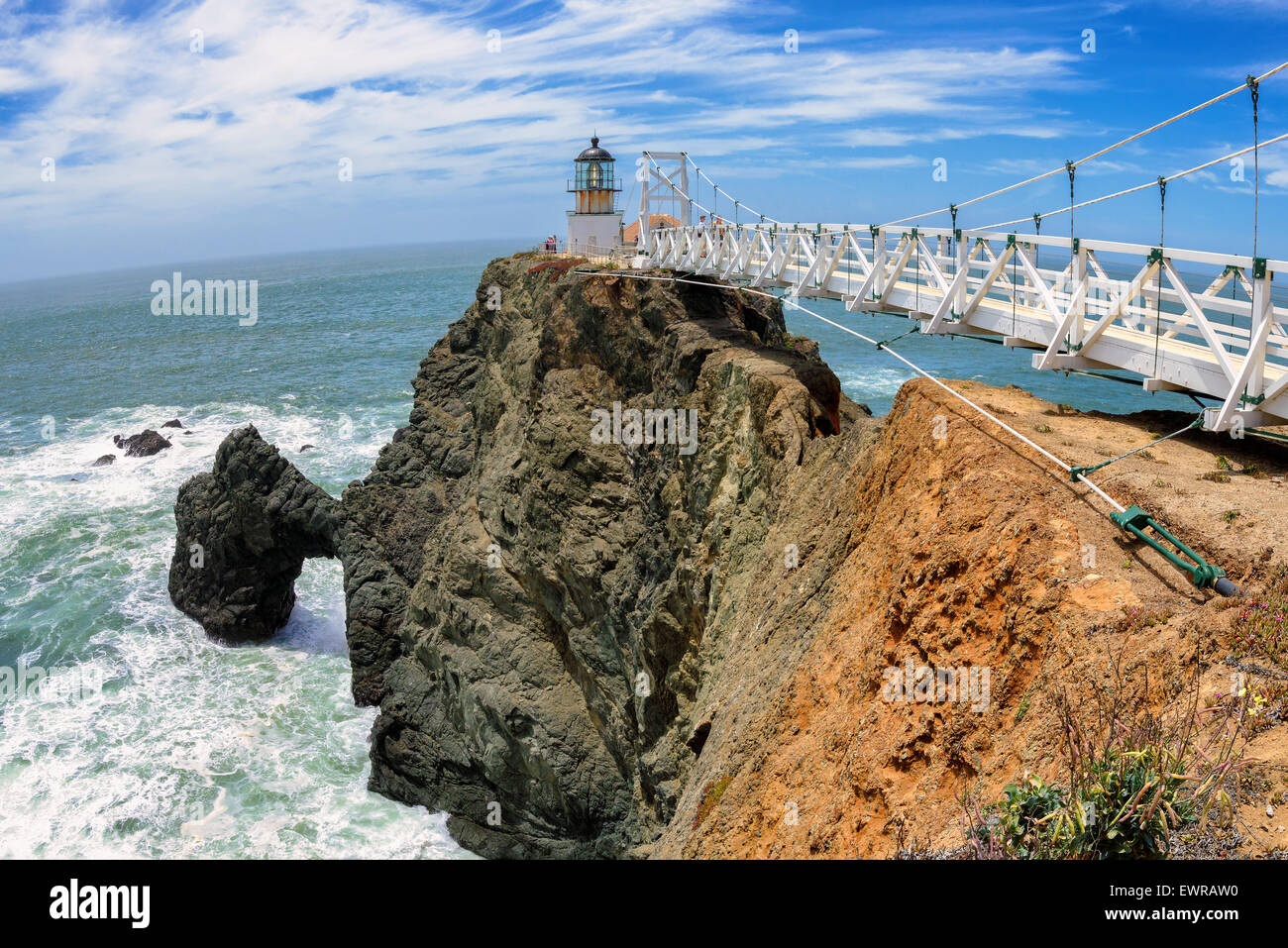 Bridge to Lighthouse on the rock. Point Bonita Lighthouse, San Francisco, California Stock Photo