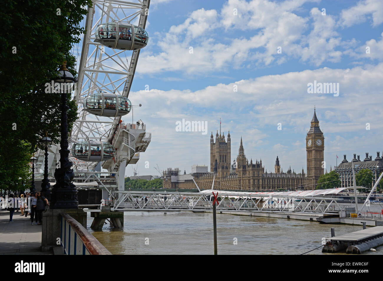 London Eye, up close. with parliament behind. London, England. Stock Photo