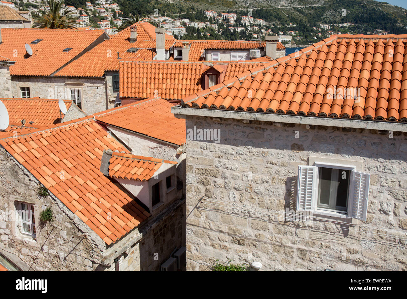 colourful tile rooftops and buildings inside old city wall, dubrovnik, croatia Stock Photo
