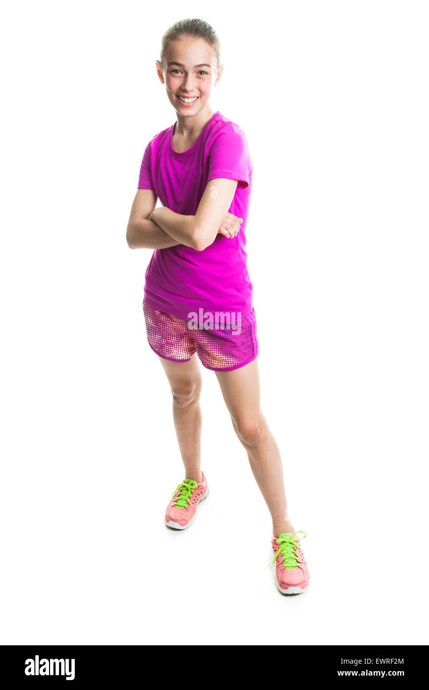 running young girl in sport cothes, white background Stock Photo