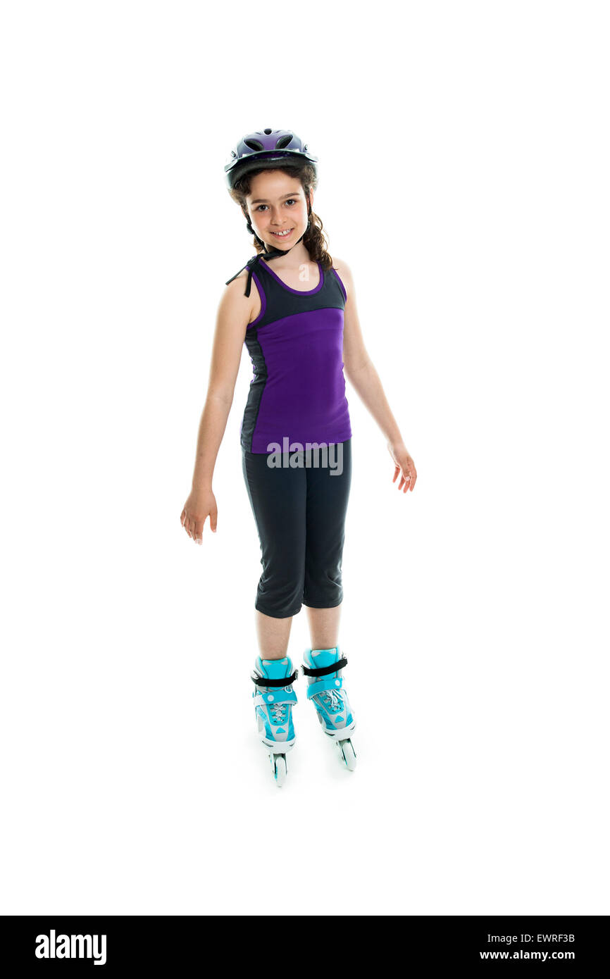portrait of girl on rollers skating isolated on white background Stock Photo
