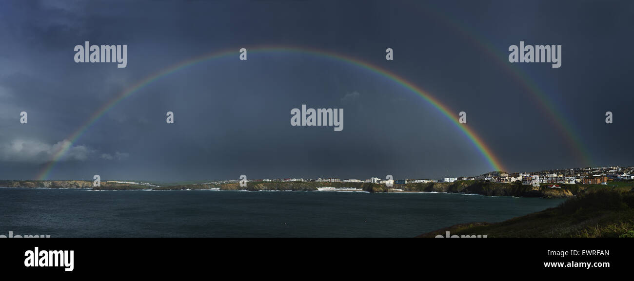 Rainbow over Newquay in Cornwall Stock Photo