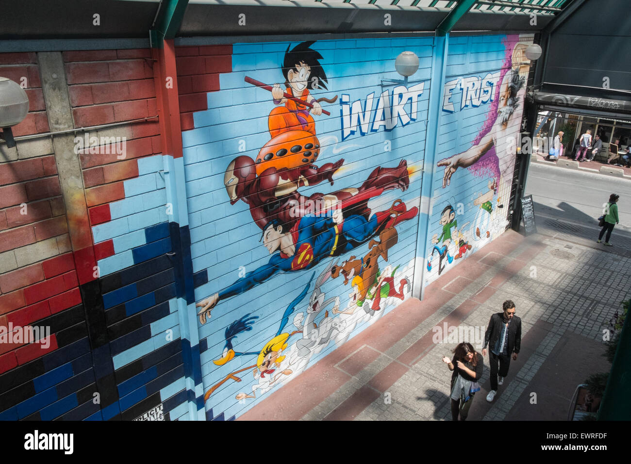 Paris,flea market,St.-Ouen de, Clignancourt, art,Paris,France,artwork,graffiti,grafitti,wall mural comic book art.Superman Stock Photo