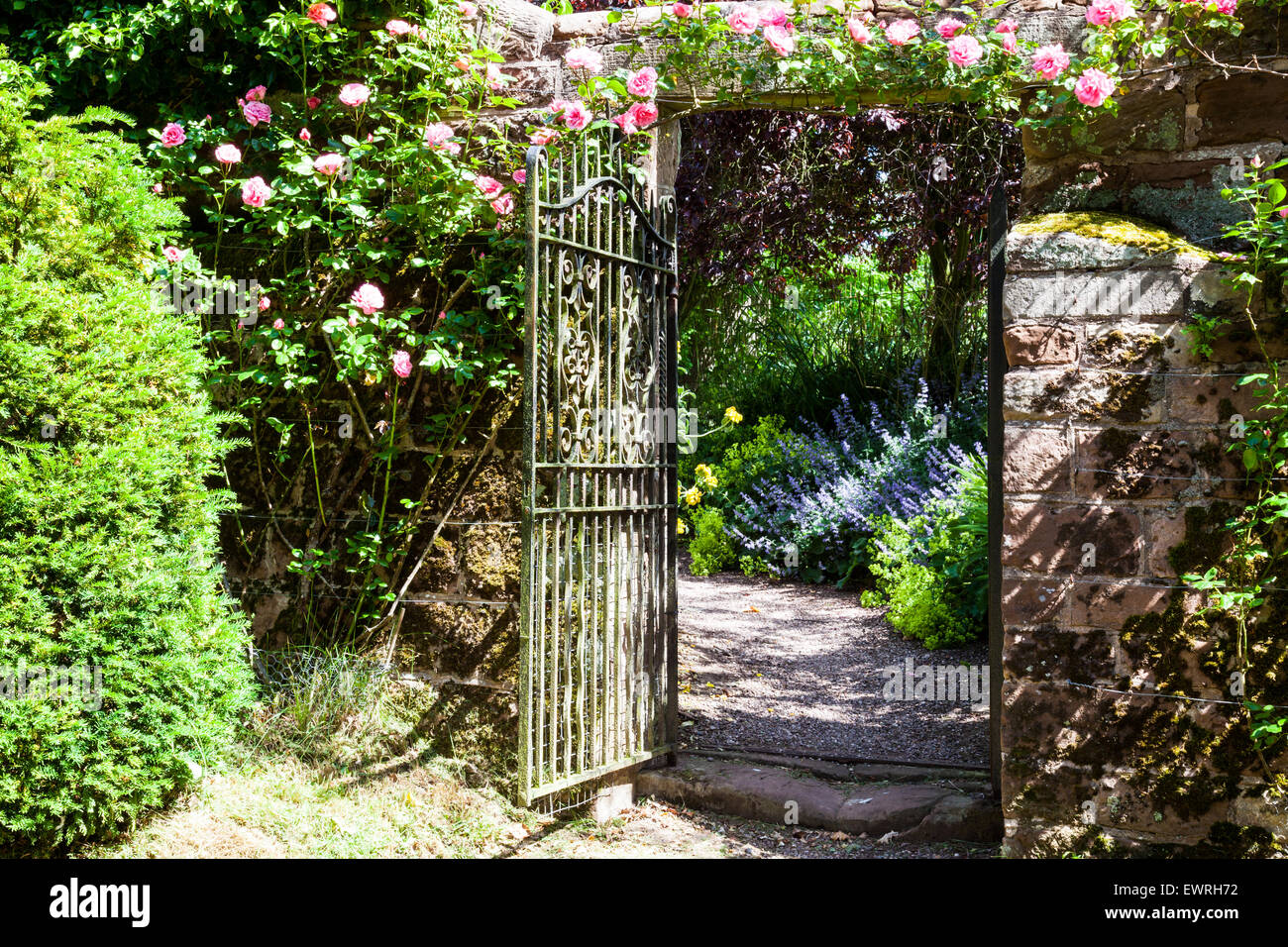 Open gate to the Tear-drop garden in Weston Park, Weston under Lizard, Shifnal, Shropshire, UK Stock Photo