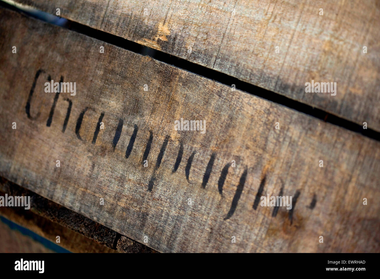 Old and weathered wooden box for Champagne bottles Stock Photo
