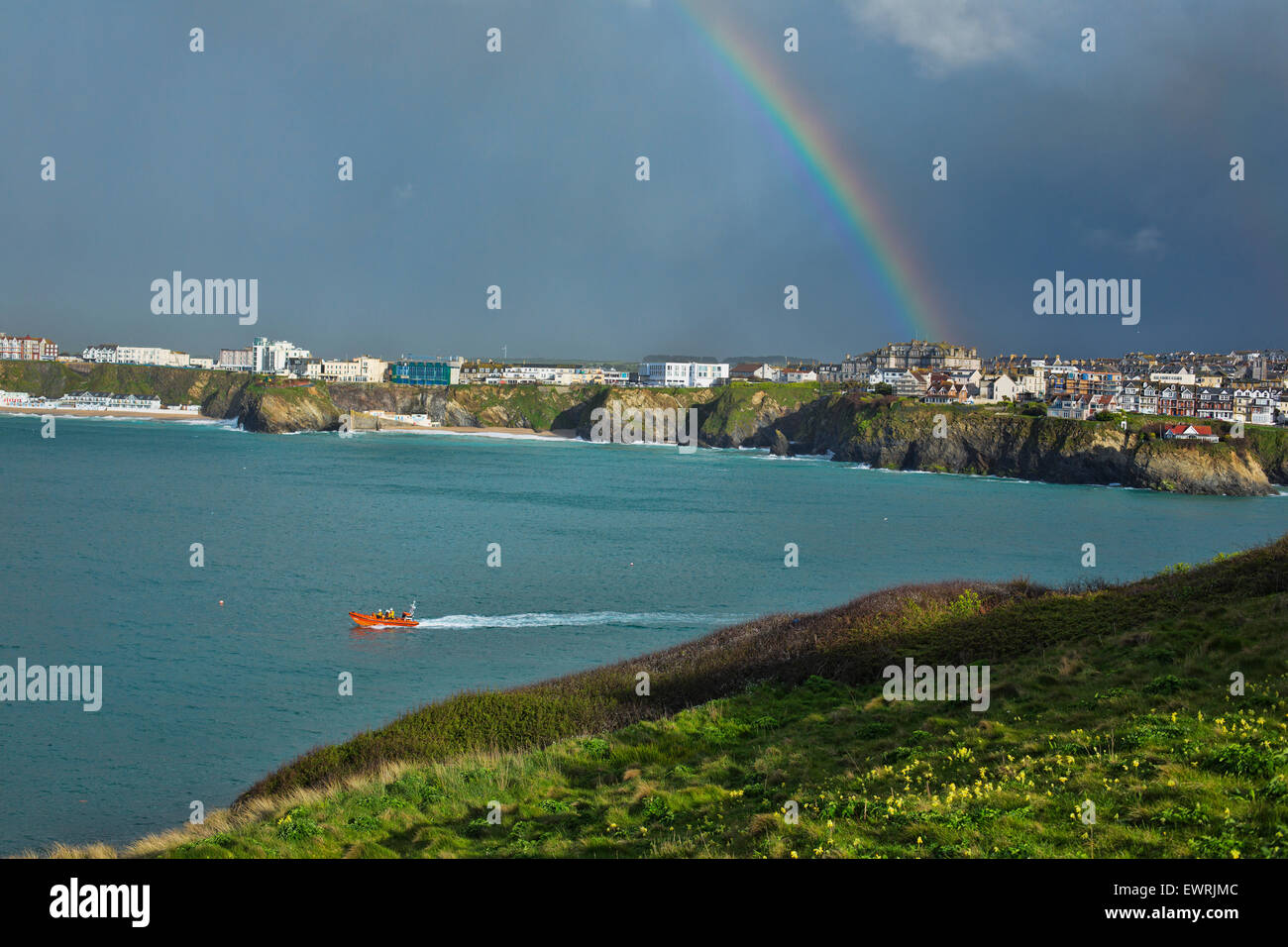Rainbow over Newquay in Cornwall Stock Photo