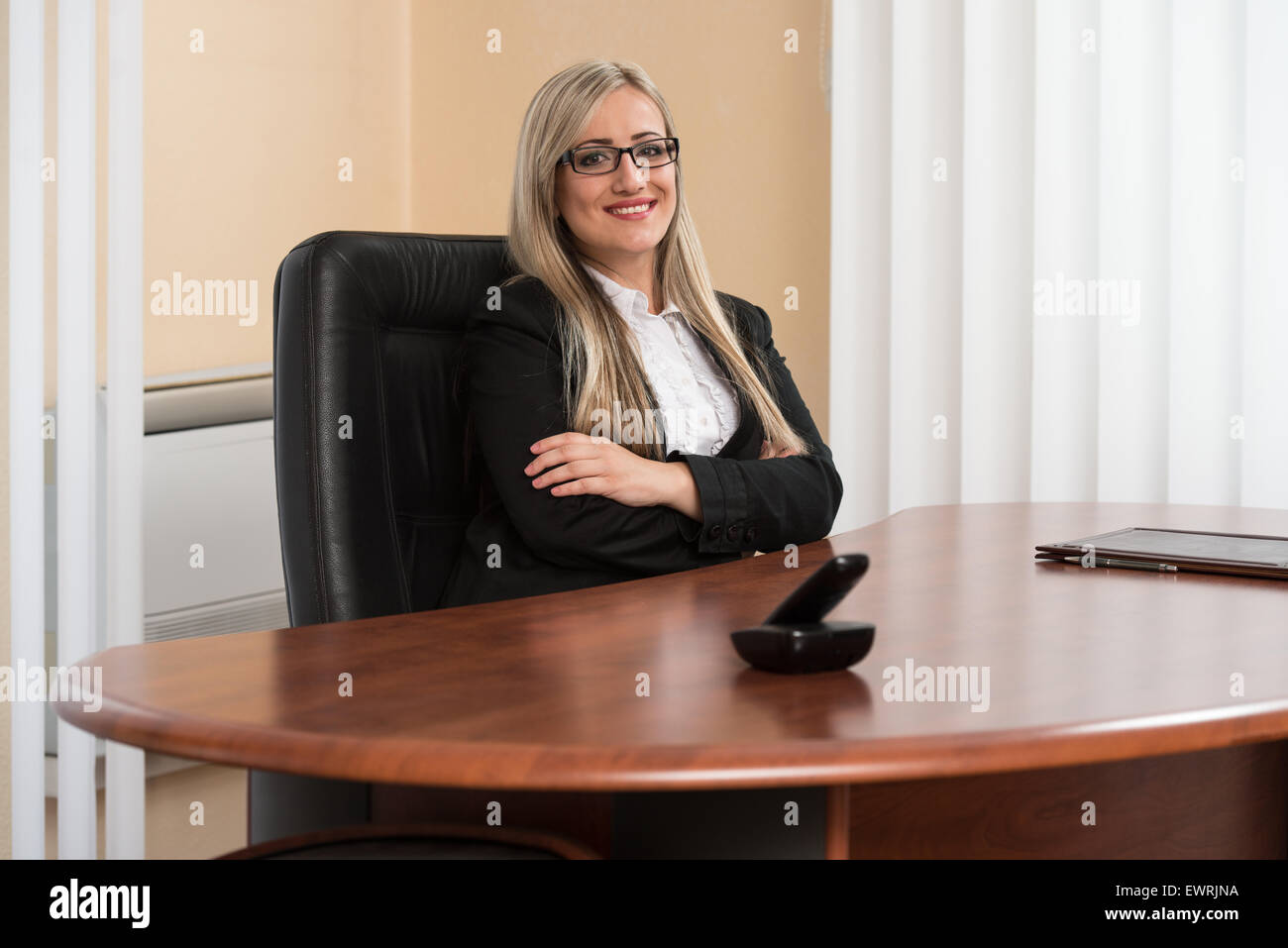 Happy Young Business Woman Work In Modern Office On Computer Stock ...