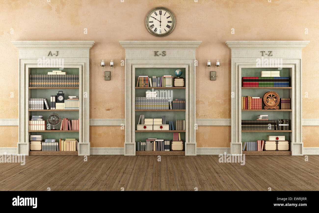Library in classic style with old books and vintage objects - 3D Rendering Stock Photo