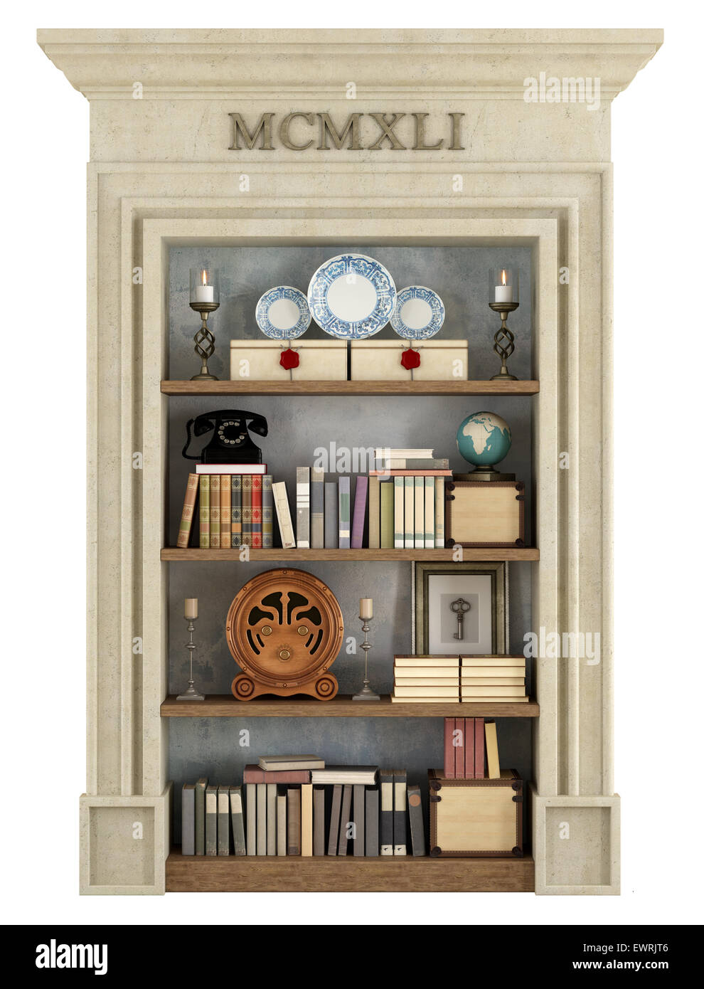 Library in classic style with old books and vintage objects isolated on white - 3D Rendering Stock Photo