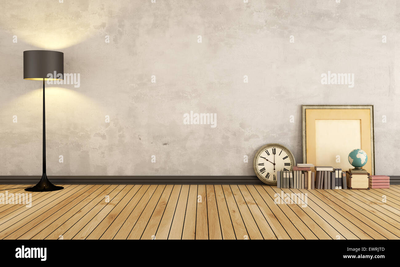 Vintage room with black lamp and vintage objects on wooden floor - 3D Rendering Stock Photo
