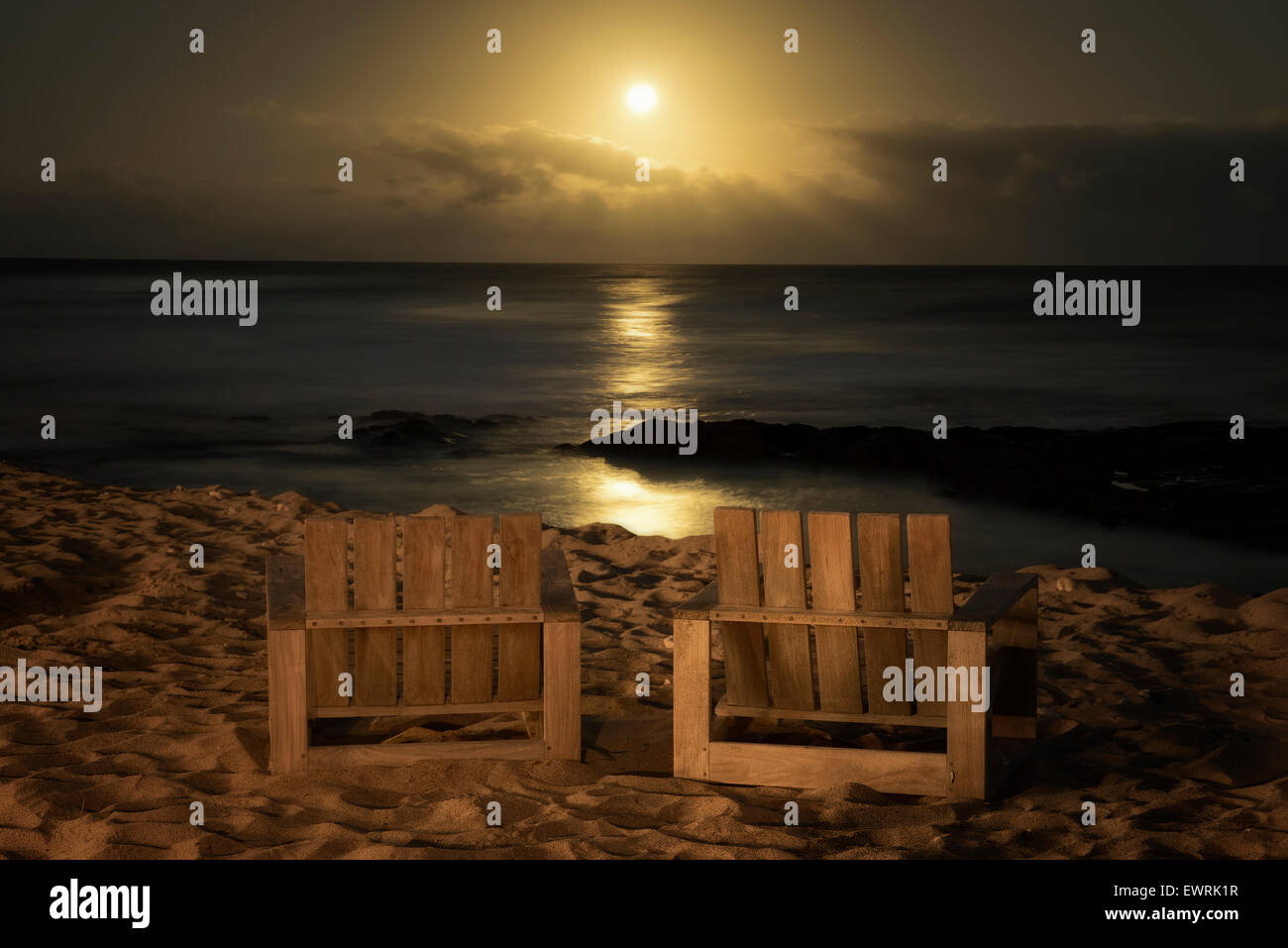 Chairs and moonset. Hawaii, The Big Isalnd. Stock Photo