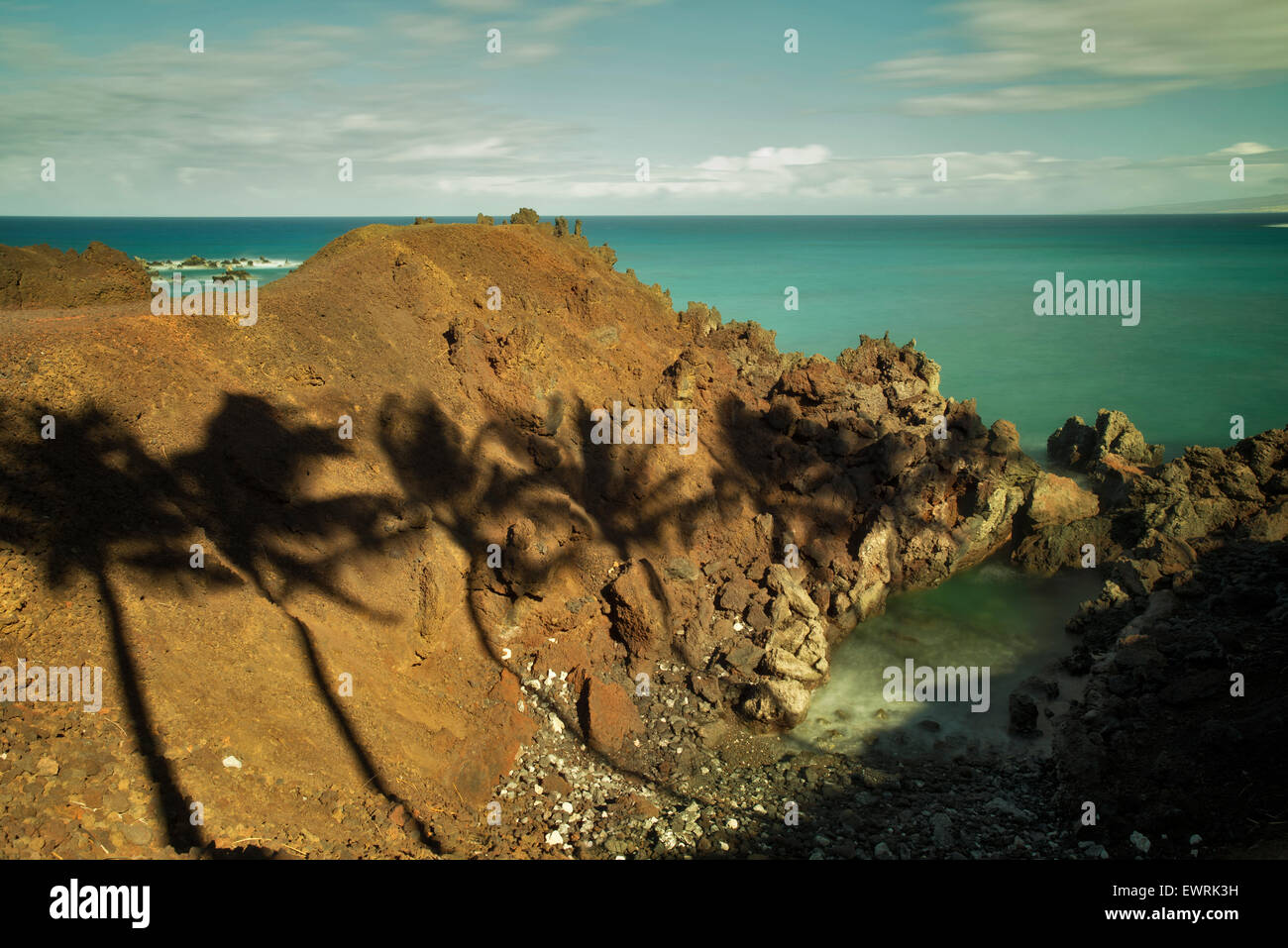 Palm tree shadows and ocean. Hawaii, The Big Island. Stock Photo