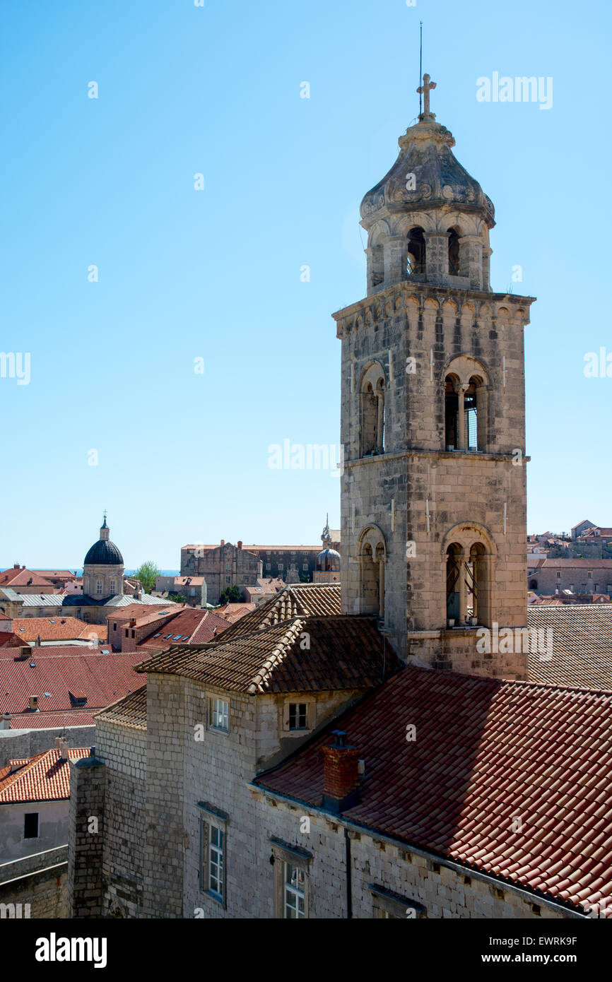 bell tower of dominican monastery with cathedral-treasury tower in the background, dubrovnik, croatia Stock Photo