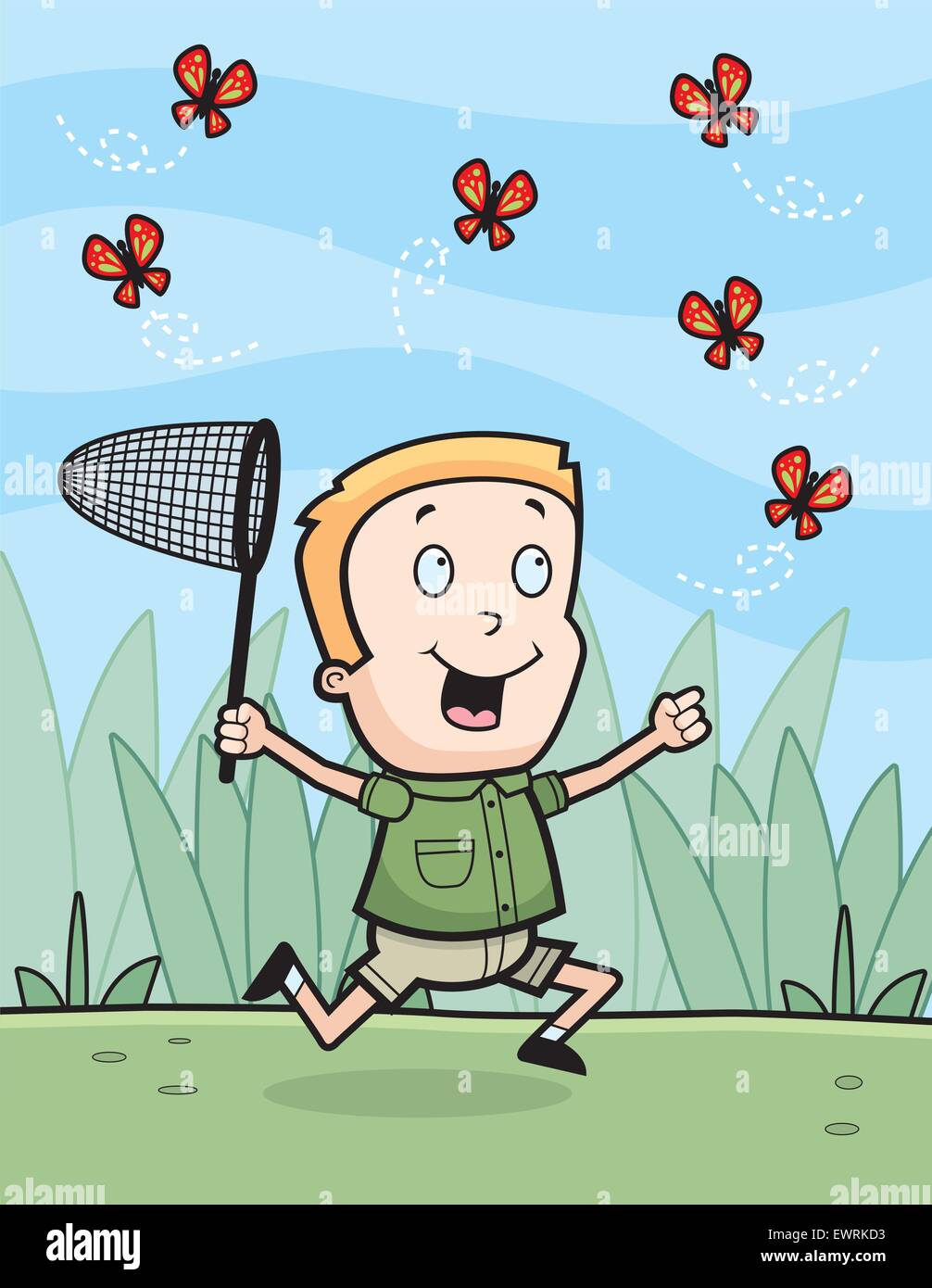 A happy cartoon boy chasing butterflies with a net. Stock Vector