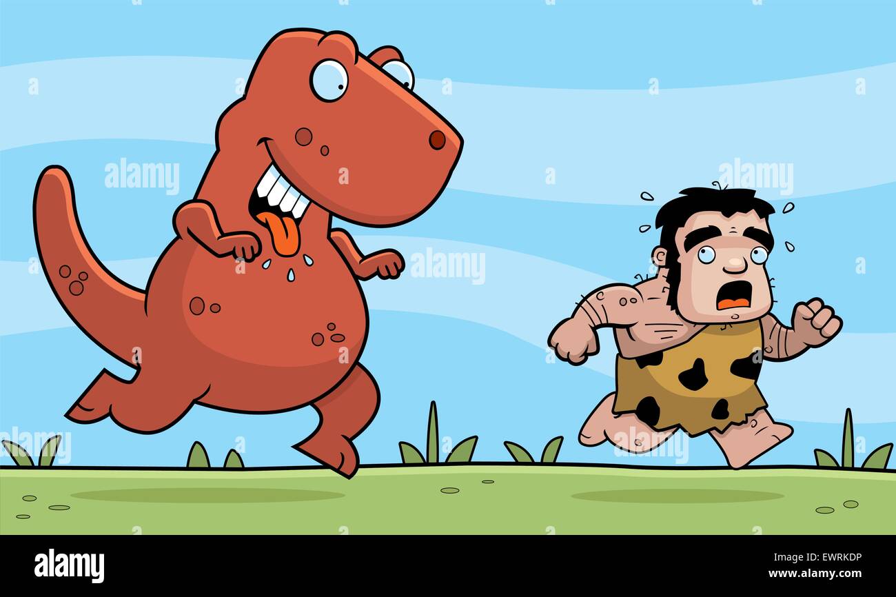 A happy cartoon dinosaur chasing a caveman. Stock Vector