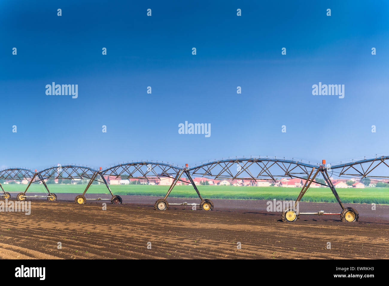 Automated Farming Irrigation Sprinklers System in Operation on Cultivated Agricultural Field on a Bright Sunny Summer Day Stock Photo