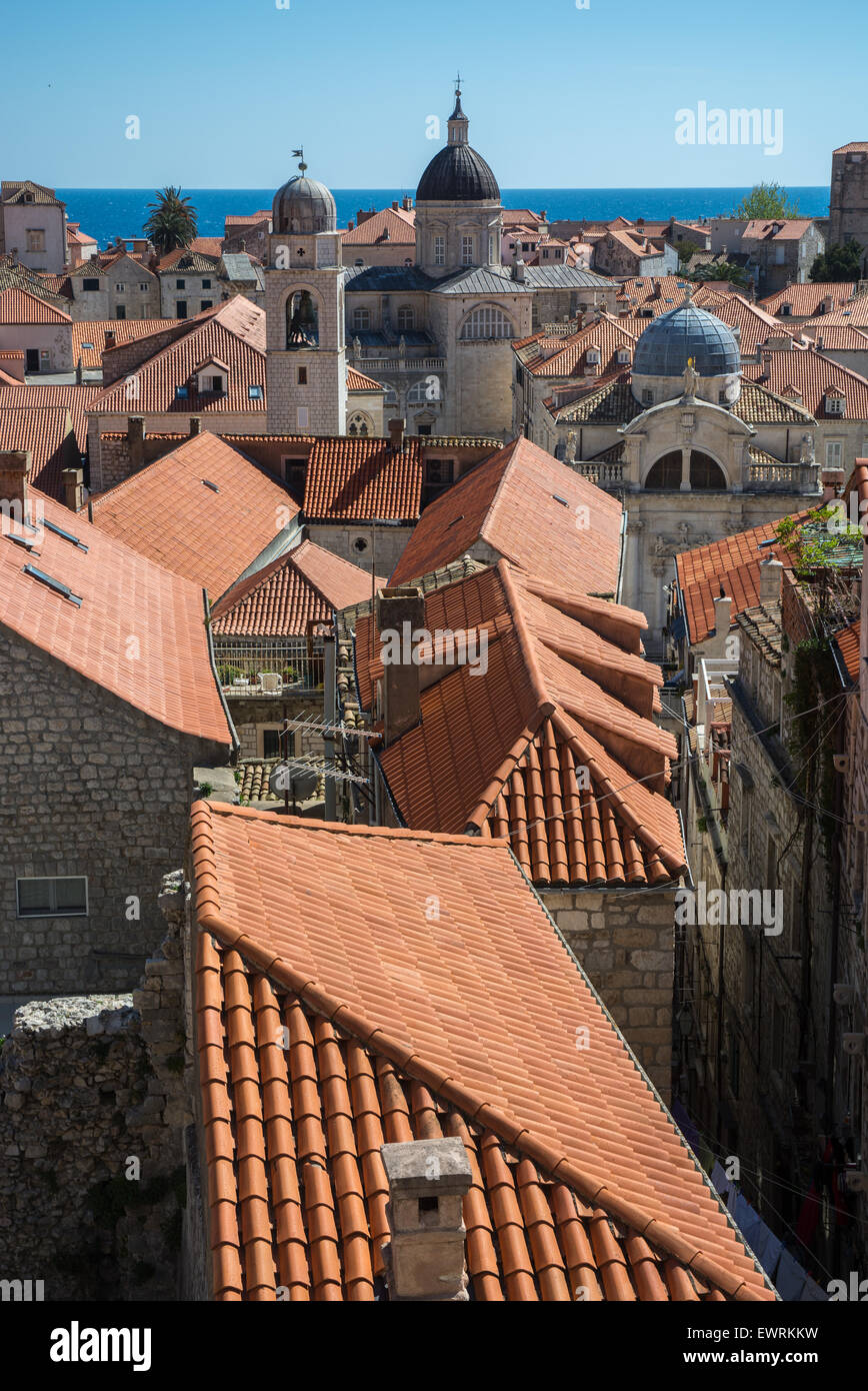 old city rooftop scene including clock tower st. blaise church and cathedral-treasury tower,dubrovnik, croatia Stock Photo