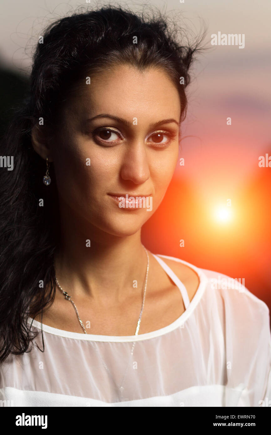 Young Smiling Woman at Outdoor in the Evening. Portrait of Pretty Girl ...
