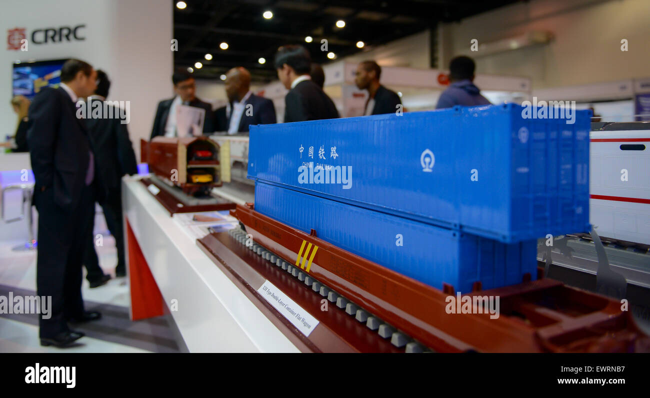 (150630) -- JOHANNESBURG, June 30, 2015 (Xinhua) -- Photo taken on June 30, 2015 shows a displayed model of X2H Double-layer Container Flat Wagon with Concave Bottom by China Railway Rolling Stock Corporation during Africa Rail 2015 at Sandton Convention Centre in Johannesburg, South Africa. The 2015 edition of Africa's largest transport exhibition which features: Africa Rail, Aviation Festival Africa, Africa Ports and Harbour Show, Transport Security and Safety Show Africa and the Cargo Show Africa, opened here Tuesday. About 150 global exhibitors participate in the two-day event, which help Stock Photo